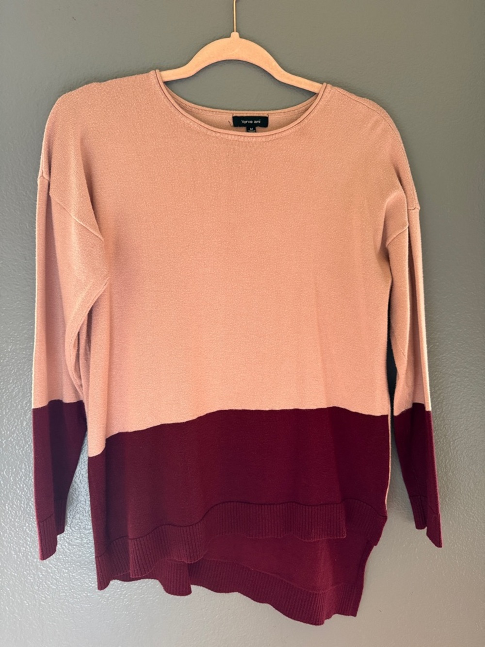 Verve Ami Pink and Burgundy Colorblock Crewneck Sweater